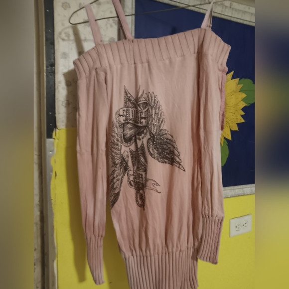 SALVAGE Htf Vng Rhinestone "Salvage Saves" Pink Off-Shoulder Sweater/Mini Dress - Picture 6 of 11